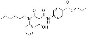 structure of CAS# 300833-95-8, 4-[[(1-Hexyl-1,2-dihydro-4-hydroxy-2-oxo-3-quinolinyl)carbonyl]amino]benzoic acid propyl ester