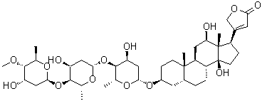 CAS # 30685-43-9, Methyldigoxin, (3beta,5beta,12beta)-3-[(O-2,6-Dideoxy-4-O-methyl-beta-D-ribo-hexopyranosyl-(1→4)-O-2,6-dideoxy-beta-D-ribo-hexopyranosyl-(1→4)-2,6-dideoxy-beta-D-ribo-hexopyranosyl)oxy]-12,14-dihydroxycard-20(22)-enolide, 4'''-Methyldigoxin, 4'''-O-Methyldigoxin, 4'''-beta-Methyldigoxin, Lanirapid, Lanitop, Medigoxin, Methyldigoxin, Metildigoxin, beta-Methyldigoxin