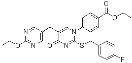 structure of CAS# 306974-70-9, 1-(4-Ethoxycarbonylphenyl)-2-(4-fluorobenzylthio)-5-(2-ethoxy-5-pyrimidinylmethyl)-4-pyrimidinone