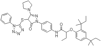 2-(2,4-Bis(1,1-dimethylpropyl)phenoxy)-N-(4-(4,5-dihydro-5-oxo-4-((1-phenyl-1H-tetrazol-5-yl)thio)-3-(1-pyrrolidinyl)-1H-pyrazol-1-yl)phenyl)butanamide molecular structure (CAS 30818-18-9)