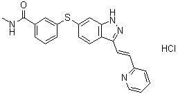 CAS 登录号：319463-51-9, N-甲基-3-[[3-[(1E)-2-(2-吡啶基)乙烯基]-1H-吲唑-6-基]硫基]苯甲酰胺单盐酸盐
