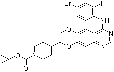 structure of CAS# 338992-20-4, 4-[[[4-[(4-Bromo-2-fluorophenyl)amino]-6-methoxy-7-quinazolinyl]oxy]methyl]-1-piperidinecarboxylic acid tert-butyl ester