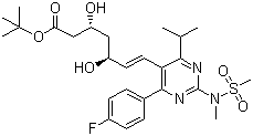 CAS # 355806-00-7, tert-Butyl rosuvastatin, tert-Butyl (6E)-7-[4-(4-fluorophenyl)-6-isopropyl-2-[methyl(methylsulfonyl)amino]pyrimidin-5-yl]-(3R,5S)-3,5-dihydroxyhept-6-enoate, (3R,5S,6E)-7-[4-(4-Fluorophenyl)-6-isopropyl-2-[(methanesulfonyl)methylamino]pyrimidin-5-yl]-3,5-dihydroxyhept-6-enoic acid tert-butyl ester