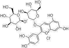 CAS # 38820-68-7, Cyanidine 3-sophoroside, Cyanidin 3-sophoroside, 2-(3,4-Dihydroxyphenyl)-3-[(2-O-beta-D-glucopyranosyl-alpha-D-glucopyranosyl)oxy]-5,7-dihydroxy-1-benzopyrylium chloride