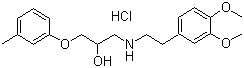 CAS # 42864-78-8, Bevantolol hydrochloride, 1-((2-(3,4-Dimethoxyphenyl)ethyl)amino)-3-(3-methylphenoxy)-2-propanol hydrochloride