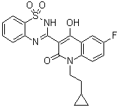 CAS # 477931-14-9, 1-(2-Cyclopropylethyl)-3-(1,1-dioxido-2H-1,2,4-benzothiadiazin-3-yl)-6-fluoro-4-hydroxy-2(1H)-quinolinone