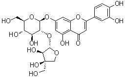 CAS # 506410-53-3, Graveobioside A, 7-[(2-O-D-Apio-beta-D-furanosyl-beta-D-glucopyranosyl)oxy]-2-(3,4-dihydroxyphenyl)-5-hydroxy-4H-1-benzopyran-4-one, Luteolin 7-O-(2-apiosyl)glucoside, Luteolin 7-O-[2-(beta-D-apiofuranosyl)-beta-D-glucopyranoside]