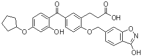 structure of CAS# 530141-72-1, 3-[5-[4-(Cyclopentyloxy)-2-hydroxybenzoyl]-2-[(3-hydroxy-1,2-benzisoxazol-6-yl)methoxy]phenyl]propionic acid