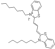 structure of CAS# 53213-88-0, 3-Heptyl-2-[3-(3-heptyl-2(3H)-benzothiazolylidene)-1-propenyl]benzothiazolium iodide