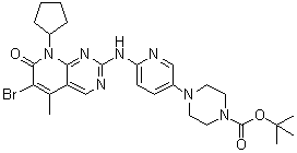 structure of CAS# 571188-82-4, 4-[6-[(6-Bromo-8-cyclopentyl-7,8-dihydro-5-methyl-7-oxopyrido[2,3-d]pyrimidin-2-yl)amino]-3-pyridinyl]-1-piperazinecarboxylic acid 1,1-dimethylethyl ester