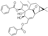 CAS # 59086-90-7, (+)-Ingenol 3,20-dibenzoate, (1aR,2S,5R,5aR,6S,8aS,9R,10aR)-6-(Benzoyloxy)-4-[(benzoyloxy)methyl]-1a,2,5,5a,6,9,10,10a-octahydro-5,5a-dihydroxy-1,1,7,9-tetramethyl-1H-2,8a-methanocyclopenta[a]cyclopropa[e]cyclodecen-11-one, Ingenol 3,20-dibenzoate, NSC 262646, NSC 266220, RD 4-2174