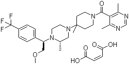 CAS # 599179-03-0, Vicriviroc maleate, 1-[(4,6-Dimethyl-5-pyrimidinyl)carbonyl]-4-[(3S)-4-[(1R)-2-methoxy-1-[4-(trifluoromethyl)phenyl]ethyl]-3-methyl-1-piperazinyl]-4-methylpiperidine (2Z)-2-butenedioate
