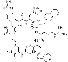 N-(3-Mercapto-1-oxopropyl)-L-norleucyl-L-arginyl-L-histidyl-3-(2-naphthalenyl)-D-alanyl-L-arginyl-L-tryptophylglycyl-L-cysteinamide cyclic (1→8)-disulfide molecular structure (CAS 613222-50-7)