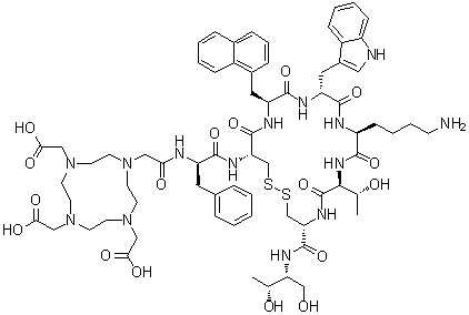 CAS # 619300-53-7, DOTA-NOC, N-[2-[4,7,10-Tris(carboxymethyl)-1,4,7,10-tetraazacyclododec-1-yl]acetyl]-D-phenylalanyl-L-cysteinyl-3-(1-naphthalenyl)-L-alanyl-D-tryptophyl-L-lysyl-L-threonyl-N-[(1R,2R)-2-hydroxy-1-(hydroxymethyl)propyl]-L-cysteinamide cyclic (2→7)-disulfide, DOTA-Nal3-octreotide