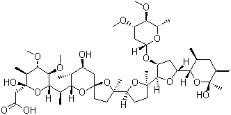 CAS # 61991-54-6, Maduramicin, (2R,3S,4S,5R,6S)-6-[(1R)-1-[(2S,5R,7S,8R,9S)-2-[(2S,2'R,3'S,5R,5'R)-3'-[(2,6-Dideoxy-3,4-di-O-methyl-b-L-arabino-hexopyranosyl)oxy]octahydro-2-methyl-5'-[(2S,3S,5R,6S)-tetrahydro-6-hydroxy-3,5,6-trimethyl-2H-pyran-2-yl][2,2'-bifuran]-5-yl]-9-hydroxy-2,8-dimethyl-1,6-dioxaspiro[4.5]dec-7-yl]ethyl]tetrahydro-2-hydroxy-4,5-dimethoxy-3-methyl-2H-pyran-2-acetic acid