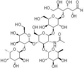 O-6-脱氧-alpha-L-吡喃半乳糖基-(1→2)-O-beta-D-吡喃半乳糖基-(1→4)-O-[6-脱氧-alpha-L-吡喃半乳糖基-(1→3)]-O-2-(乙酰氨基)-2-脱氧-beta-D-吡喃葡萄糖基-(1→3)-O-beta-D-吡喃半乳糖基-(1→4)-D-葡萄糖分子结构 (CAS 62469-99-2)