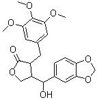 CAS # 6267-80-7, 4-(1,3-Benzodioxol-5-ylhydroxymethyl)dihydro-3-[(3,4,5-trimethoxyphenyl)methyl]-2(3H)-furanone, NSC 36563