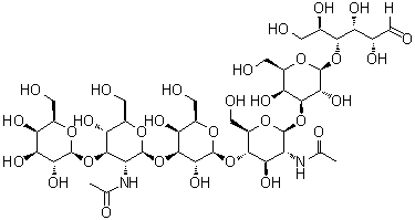 O-beta-D-吡喃半乳糖基-(1→3)-O-2-(乙酰氨基)-2-脱氧-beta-D-吡喃葡萄糖基-(1→3)-O-beta-D-吡喃半乳糖基-(1→4)-O-2-(乙酰氨基)-2-脱氧-beta-D-吡喃葡萄糖基-(1→3)-O-beta-D-吡喃半乳糖基-(1→4)-D-葡萄糖分子结构 (CAS 64331-48-2)