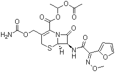 CAS # 64544-07-6, Cefuroxime 1-acetoxyethyl ester, (6R-(6alpha,7beta(Z)))-3-(((Aminocarbonyl)oxy)methyl)-7-((2-furanyl(methoxyimino)a cetyl)-amino)-8-oxo-5-thia-1-azabicyclo[4.2.0]oct-2-ene-2-carboxylic acid 1-(acetyloxy)ethyl ester