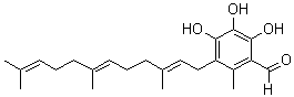 CAS # 65195-50-8, Scutigeral, 2,3,4-Trihydroxy-6-methyl-5-[(2E,6E)-3,7,11-trimethyl-2,6,10-dodecatrienyl]benzaldehyde, 1-Formyl-3-hydroxyneogrifolin