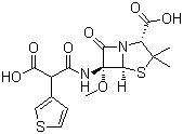 CAS # 66148-78-5, Temocillin, (2S,5R,6S)-6-[(3-Hydroxy-3-oxo-2-thiophen-3-ylpropanoyl)amino]-6-methoxy-3,3-dimethyl-7-oxo-4-thia-1-azabicyclo[3.2.0]heptane-2-carboxylic acid, N-((2S,5R,6S)-2-Carboxy-6-methoxy-3,3-dimethyl-7-oxo-4-thia-1-azabicyclo[3.2.0]hept-6-yl)-3-thiophenemalonamic acid