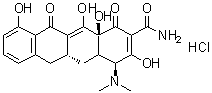 CAS # 6625-20-3, Sancycline hydrochloride, 6-Demethyl-6-deoxytetracycline hydrochloride, NSC 51812, [4S-(4alpha,4aalpha,5aalpha,12aalpha)]-4-(Dimethylamino)-1,4,4a,5,5a,6,11,12a-octahydro-3,10,12,12a-tetrahydroxy-1,11-dioxo-2-naphthacenecarboxamide monohydrochloride