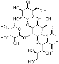 O-6-脱氧-alpha-L-吡喃半乳糖基-(1→2)-O-[alpha-D-吡喃半乳糖基-(1→3)]-O-beta-D-吡喃半乳糖基-(1→3)-2-(乙酰氨基)-2-脱氧-D-葡萄糖分子结构 (CAS 67673-41-0)