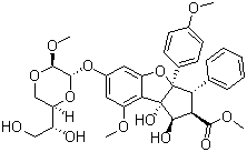 CAS 登录号：697235-38-4, Silvestrol, (1R,2R,3S,3aR,8bS)-6-[[(2S,3R,6R)-6-[(1R)-1,2-二羟基乙基]-3-甲氧基-1,4-二氧己环-2-基]氧基]-2,3,3a,8b-四氢-1,8b-二羟基-8-甲氧基-3a-(4-甲氧基苯基)-3-苯基-1H-环戊烯并[b]苯并呋喃-2-羧酸甲酯