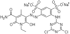 CAS # 70865-29-1, Reactive Yellow 86, Disodium 4-[[5-(aminocarbonyl)-1-ethyl-1,6-dihydro-2-hydroxy-4-methyl-6-oxo-3-pyridyl]azo]-6-[(4,6-dichloro-1,3,5-triazin-2-yl)amino]benzene-1,3-disulphonate