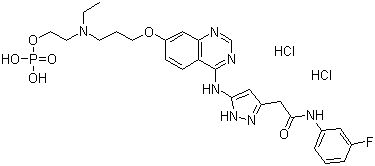 5-[[7-[3-[Ethyl[2-(phosphonooxy)ethyl]amino]propoxy]-4-quinazolinyl]amino]-N-(3-fluorophenyl)-1H-pyrazole-3-acetamide dihydrochloride molecular structure (CAS 722543-50-2)
