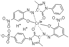 CAS 登录号：73287-40-8, [4-[4,5-二氢-4-[(2-羟基-5-甲基-3-硝基苯基)偶氮]-3-甲基-5-氧代-1H-吡唑-1-基]苯磺酸基][2,4-二氢-4-[(2-羟基-4-硝基苯基)偶氮]-5-甲基-2-苯基-3H-吡唑-3-酮]二氢铬酸
