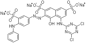 CAS # 75030-18-1, Reactive Blue 81, 5-[(4,6-Dichloro-1,3,5-triazin-2-yl)amino]-4-hydroxy-3-[2-[4-(phenylamino)-3-sulfophenyl]diazenyl]-2,7-naphthalenedisulfonic acid sodium salt, Helaktyn Blue F 2R