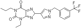 structure of CAS# 752222-83-6, 3-Ethyl-1-propyl-8-(1-(3-(trifluoromethyl)benzyl)-1H-pyrazol-4-yl)-1H-purine-2,6(3H,8H)-dione