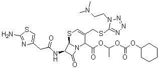 CAS 登录号：759418-62-7, (6R,7R)-7-[[2-(2-氨基-4-噻唑基)乙酰基]氨基]-3-[[[1-[2-(二甲基氨基)乙基]-1H-四唑-5-基]硫代]甲基]-8-氧代-5-硫杂-1-氮杂双环[4.2.0]辛-3-烯-2-羧酸 1-[[(环己基氧基)羰基]氧基]乙基酯