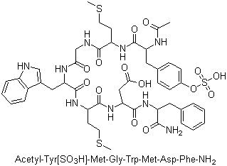 structure of CAS# 77275-51-5, N-Acetyl-O-sulfo-L-tyrosyl-L-methionylglycyl-L-tryptophyl-L-methionyl-L-alpha-aspartyl-L-phenylalaninamide