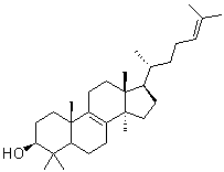 CAS # 79-63-0, (3beta)-Lanosta-8,24-dien-3-ol, 3beta-Hydroxylanosta-8,24-diene, 4,4,14alpha-Trimethylcholesta-8,24-dien-3beta-ol, 5alpha-Lanosta-8,24-dien-3beta-ol, Lanosta-8,24-dienol, Lanosterin, Lanster, NSC 60677