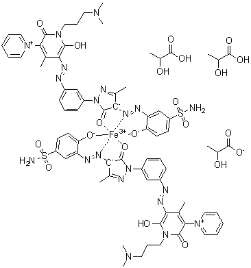CAS # 79135-21-0, Bis[5'-[[3-[4-[[5-(aminosulfonyl)-2-hydroxyphenyl]azo]-4,5-dihydro-3-methyl-5-oxo-1H-pyrazol-1-yl]phenyl]azo]-1'-[3-(dimethylamino)propyl]-1',2'-dihydro-6'-hydroxy-4'-methyl-2'-oxo-1,3'-bipyridiniumato]iron salt with 2-hydroxypropanoic acid (1:1) bis(2-hydroxypropanoate) (salt)