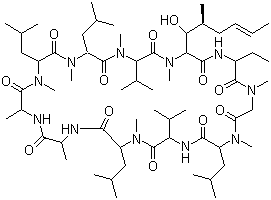 CAS # 79217-60-0, Cyclosporine, 30-ethyl-33-[(E,1R,2R)-1-hydroxy-2-methylhex-4-enyl]-1,4,7,10,12,15,19,25,28-nonamethyl-6,9,18,24-tetrakis(2-methylpropyl)-3,21-di(propan-2-yl)-1,4,7,10,13,16,19,22,25,28,31-undecazacyclotritriacontane-2,5,8,11,14,17,20,23,26,29,32-undecone