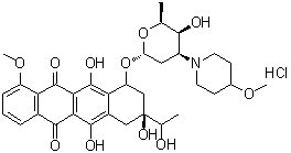 CAS 登录号：79898-08-1, 7,8,9,10-四氢-6,8,11-三羟基-8-(1-羟基乙基)-1-甲氧基-10-[[2,3,6-三脱氧-3-(4-甲氧基-1-哌啶基)-alpha-L-来苏-吡喃己糖基]氧基]-5,12-萘并萘二酮盐酸盐