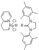 structure of CAS# 802912-44-3, [1,3-Bis(2,4,6-trimethylphenyl)-2-imidazolidinylidene]dichloro[3-(2-pyridinyl)propylidene]ruthenium