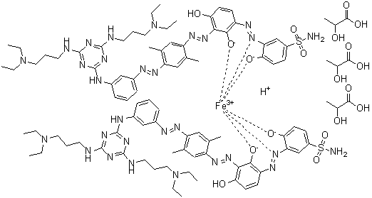 CAS 登录号：80410-35-1, 2-羟基丙酸与[3-[[3-[[4-[[3-[[4,6-二[[3-(二乙基氨基)丙基]氨基]-1,3,5-三嗪-2-基]氨基]苯基]偶氮]-2,5-二甲基苯基]偶氮]-2,4-二羟基苯基]偶氮]-4-羟基苯磺酰胺(2-)][3-[[5-[[4-[[3-[[4,6-二[[3-(二乙基氨基)丙基]氨基]-1,3,5-三嗪-2-基]氨基]苯基]偶氮]-2,5-二甲基苯基]偶氮]-2,4-二羟基苯基]偶氮]-4-羟基苯磺酰胺]氢铁酸盐的化合物(3:1)