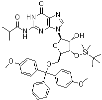 5'-O-[Bis(4-methoxyphenyl)phenylmethyl]-3'-O-[(1,1-dimethylethyl)dimethylsilyl]-N-(2-methyl-1-oxopropyl)guanosine molecular structure (CAS 81256-89-5)