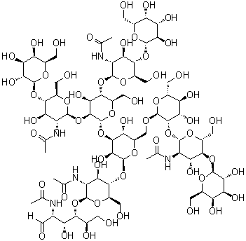CAS # 82867-73-0, O-beta-D-Galactopyranosyl-(1→4)-O-2-(acetylamino)-2-deoxy-beta-D-glucopyranosyl-(1→2)-O-[O-beta-D-galactopyranosyl-(1→4)-2-(acetylamino)-2-deoxy-beta-D-glucopyranosyl-(1→4)]-O-alpha-D-mannopyranosyl-(1→3)-O-[O-beta-D-galactopyranosyl-(1→4)-O-2-(acetylamino)-2-deoxy-beta-D-glucopyranosyl-(1→2)-alpha-D-mannopyranosyl-(1→6)]-O-beta-D-mannopyranosyl-(1→4)-O-2-(acetylamino)-2-deoxy-beta-D-glucopyranosyl-(1→4)-2-(acetylamino)-2-deoxy-D-glucose, Galbeta1-4GlcNAcbeta1-2(Galbeta1-4GlcNAcbeta1-4)Manalpha1-3(Galbeta1-4GlcNAcbeta1-2Manalpha1-6)Manbeta1-4GlcNAcbeta1-4GlcNAc