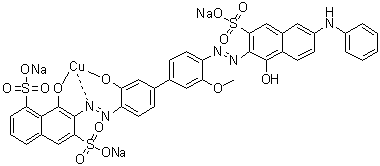 CAS 登录号：83232-52-4, [8-羟基-7-[[3-羟基-4'-[[1-羟基-6-(苯基氨基)-3-磺基-2-萘基]偶氮]-3'-甲氧基[1,1'-联苯]-4-基]偶氮]-1,6-萘二磺酸基]铜酸三钠盐