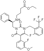 CAS 登录号：832720-84-0, 4-[[(1R)-2-[5-(2-氟-3-甲氧基苯基)-3-[[2-氟-6-(三氟甲基)苯基]甲基]-3,6-二氢-4-甲基-2,6-二氧代-1(2H)-嘧啶基]-1-苯基乙基]氨基]丁酸乙酯