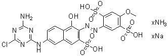 CAS # 83400-03-7, 2-[[6-[(4-Amino-6-chloro-1,3,5-triazin-2-yl)amino]-1-hydroxy-3-sulfo-2-naphthalenyl]azo]-5-methoxy-1,4-benzenedisulfonic acid ammonium sodium salt