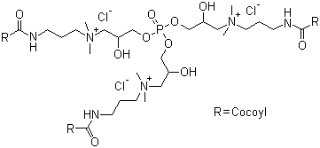 CAS # 83682-78-4, 3,3',3''-[Phosphinylidynetris(oxy)]tris[N-(3-aminopropyl)-2-hydroxy-N,N-dimethyl-1-propanaminium N,N',N''-tricocoyl derivs. trichlorides, Cocamidopropyl PG-Dimonium Chloride Phosphate