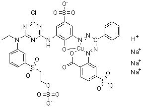 CAS # 84057-71-6, [2-[2-[[2-[3-[[4-Chloro-6-[ethyl[3-[[2-(sulfooxy)ethyl]sulfonyl]phenyl]amino]-1,3,5-triazin-2-yl]amino]-2-hydroxy-5-sulfophenyl]diazenyl]phenylmethyl]diazenyl]-4-sulfobenzoato]cuprate sodium hydrogen (1:3:1)