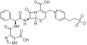 CAS 登录号：84880-03-5, 头孢咪唑, (6R,7R)-7-[[(2R)-2-[(5-羧基-1H-咪唑-4-甲酰)氨基]-2-苯基乙酰]氨基]-8-氧代-3-[[4-(2-磺酸基乙基)吡啶-1-鎓-1-基]甲基]-5-硫杂-1-氮杂双环[4.2.0]辛-2-烯-2-甲酸