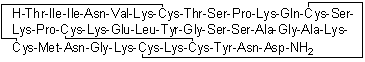 CAS # 85205-49-8 (143074-44-6), Noxiustoxin, L-Threonyl-L-isoleucyl-L-isoleucyl-L-asparaginyl-L-valyl-L-lysyl-L-cysteinyl-L-threonyl-L-seryl-L-prolyl-L-lysyl-L-glutaminyl-L-cysteinyl-L-seryl-L-lysyl-L-prolyl-L-cysteinyl-L-lysyl-L-alpha-glutamyl-L-leucyl-L-tyrosylglycyl-L-seryl-L-seryl-L-alanylglycyl-L-alanyl-L-lysyl-L-cysteinyl-L-methionyl-L-asparaginylglycyl-L-lysyl-L-cysteinyl-L-lysyl-L-cysteinyl-L-tyrosyl-L-asparaginyl-L-aspartamide cyclic (7→29),(13→34),(17→36)-tris(disulfide)